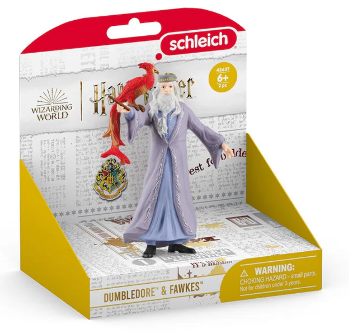 HP Dumbledore & Fawkes figurine with raised wand and red phoenix Fawkes, dressed in detailed robe and hat.