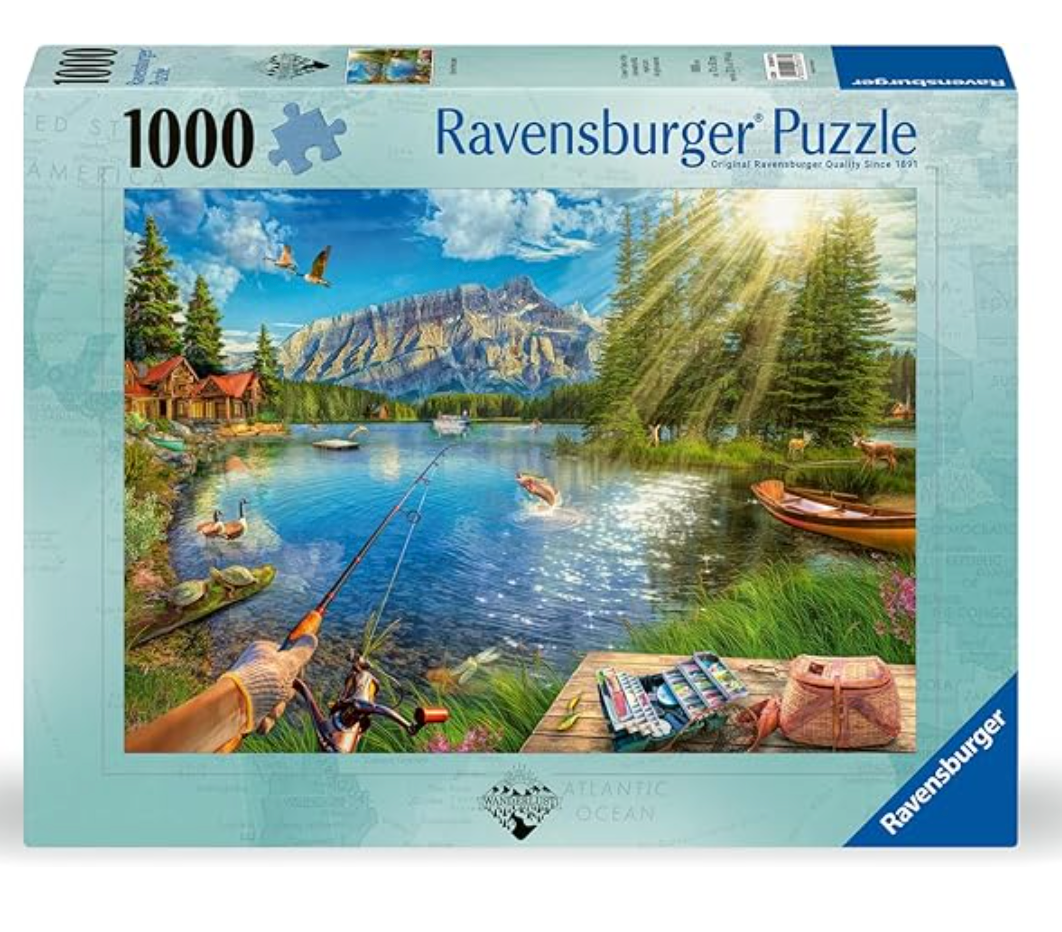 1000pc Life at the Lake Puzzle with a fishing scene, lake, and nature for relaxing outdoor fun indoors.