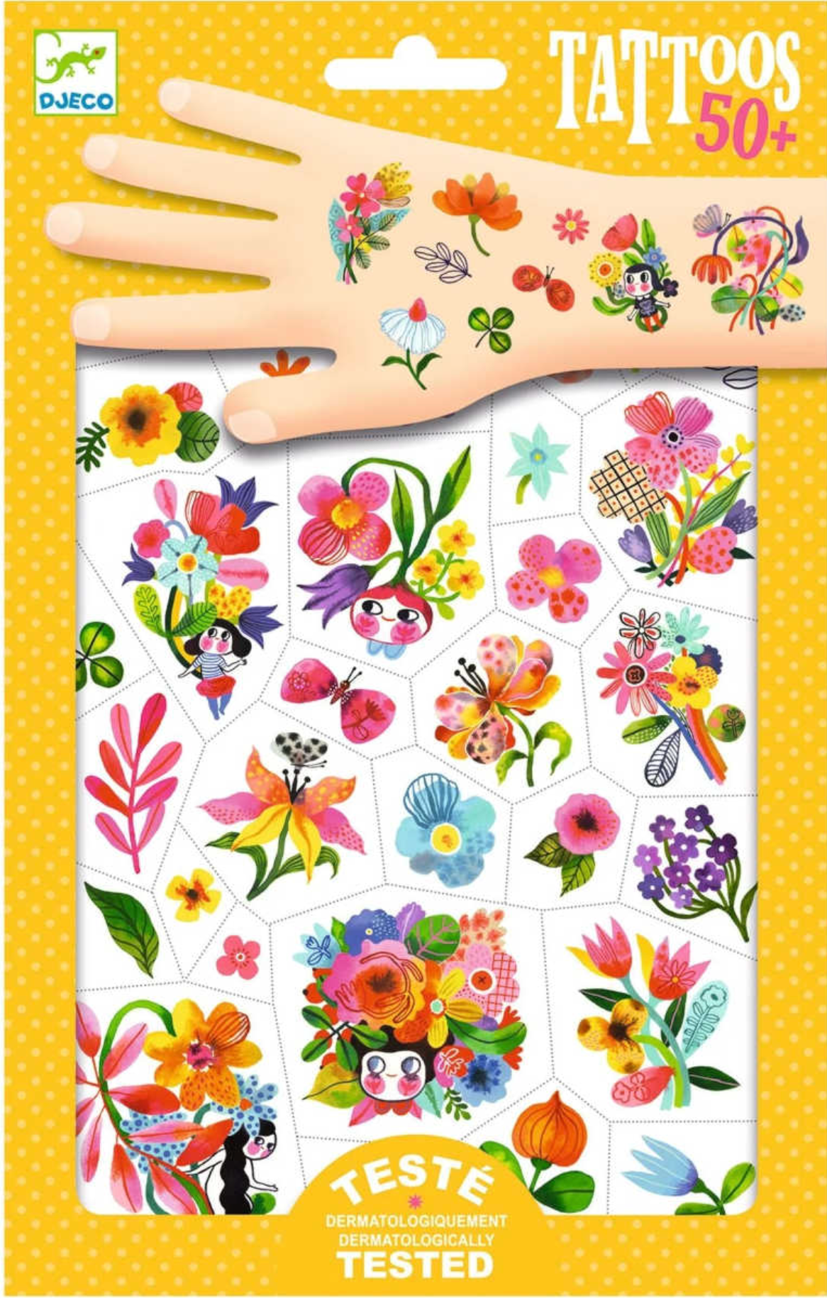 Aqua Flor Tattoos colorful floral and whimsical designs on perforated sheets for kids, easy to apply and safe for sensitive skin.