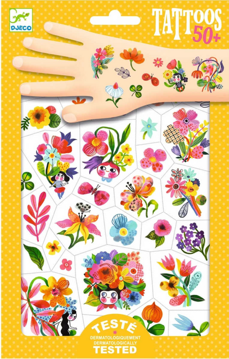 Aqua Flor Tattoos colorful floral and whimsical designs on perforated sheets for kids, easy to apply and safe for sensitive skin.