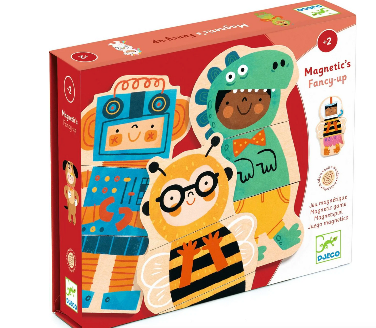 Magnets Fancy-up set with 24 magnetic wooden pieces for kids to create fun fancy-dress costumes.