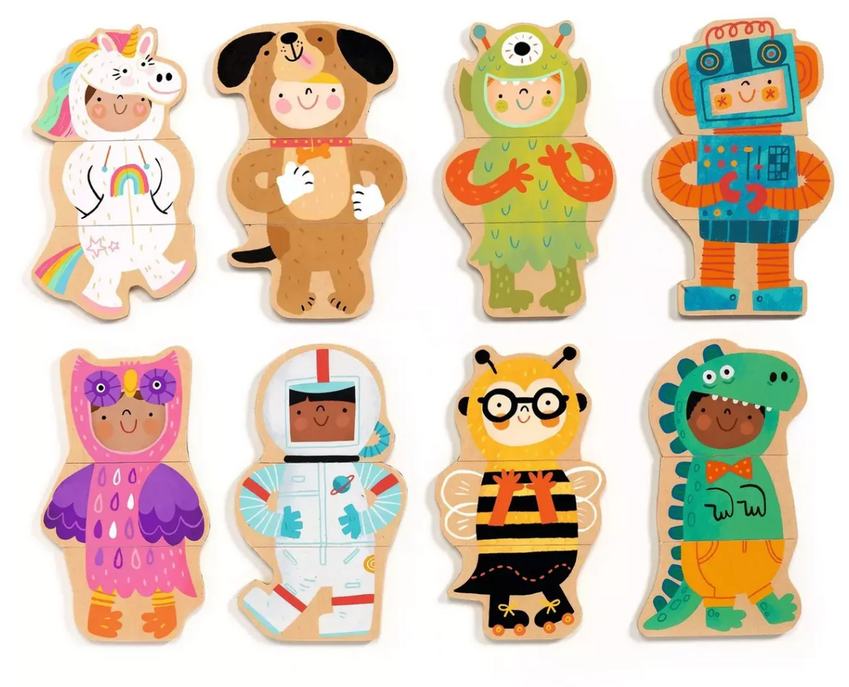 Magnets Fancy-up set showing 8 colorful wooden magnetic costumes for children to mix and match body parts.