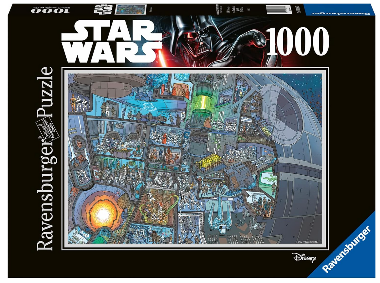 1000pc Star Wars: Where's Wookie Puzzle featuring detailed Star Wars scenes with 1000 pieces by Ravensburger.