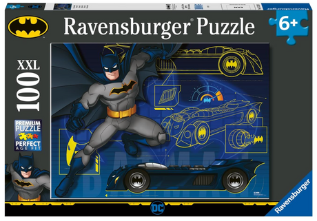 100pc Batman Puzzle featuring Batman and the Batmobile, perfect for kids aged 6 and up who love superhero challenges.