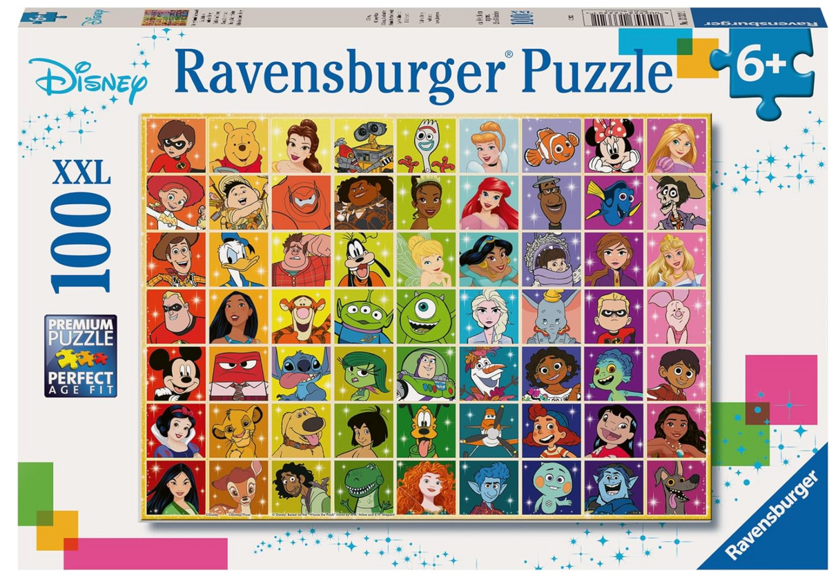 100pc Disney Color Palette Puzzle featuring vibrant rainbow design with favorite Disney characters for ages 6 and up.