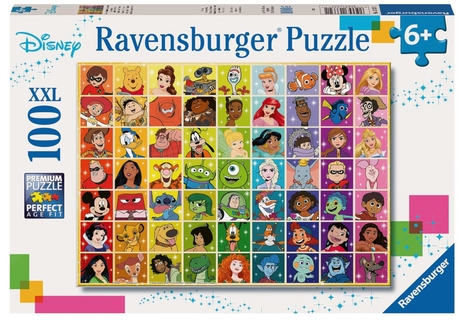 100pc Disney Color Palette Puzzle featuring vibrant rainbow design with favorite Disney characters for ages 6 and up.
