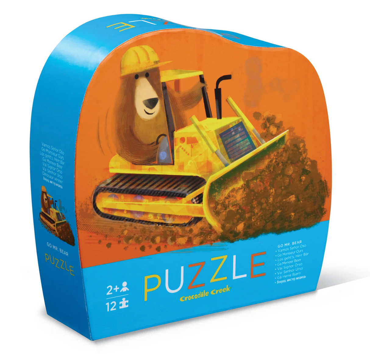 12pc Go Mister Bear Puzzle with a bear in construction gear operating a bright yellow bulldozer on the box.