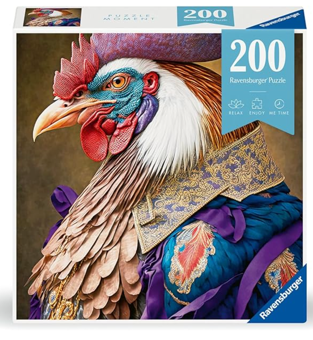 200pc Rooster General Puzzle featuring a colorful rooster in royal attire for a fun and unique challenge.