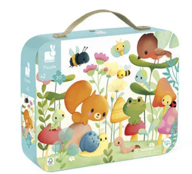 20pc Garden Friends Suitcase Puzzle with cute garden animals like bees, squirrels, and frogs in a carry case for kids age 2+