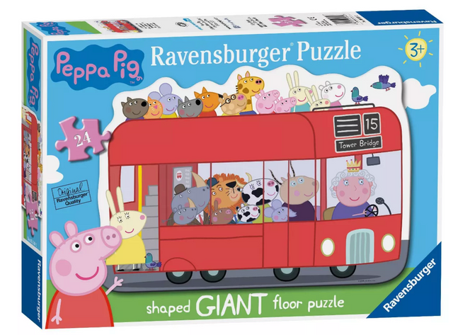 24pc Peppa Pig London Bus Floor Puzzle with characters riding a red double-decker bus to Tower Bridge, for kids 3 years and up.