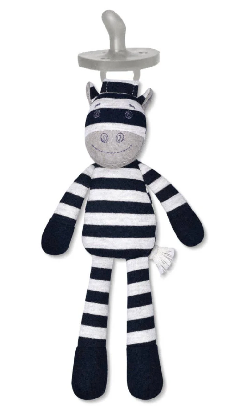Organic Ziggy Zebra Pacifier Buddy made from soft organic cotton with a plush zebra design and attached pacifier holder.