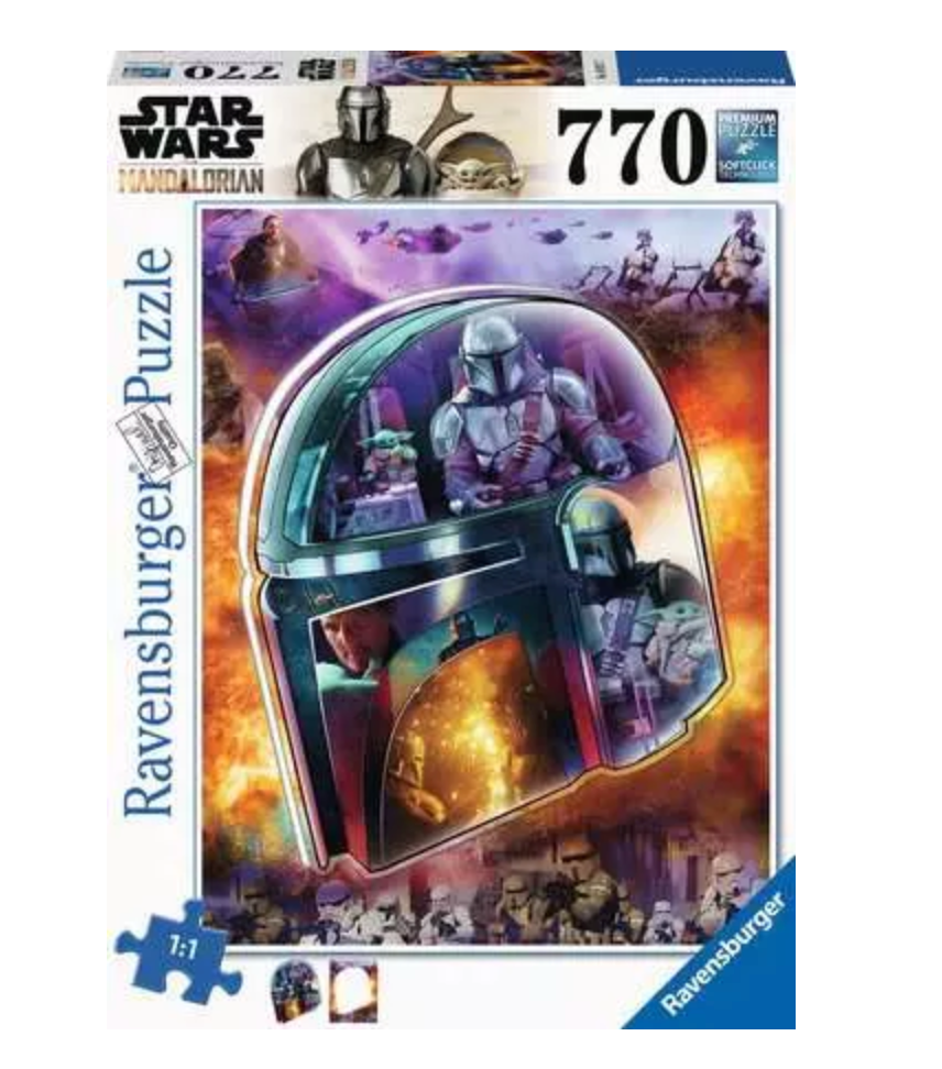 770pc Star Wars The Mandalorian Puzzle featuring Mando's helmet with scenes from the Disney+ series and Grogu.