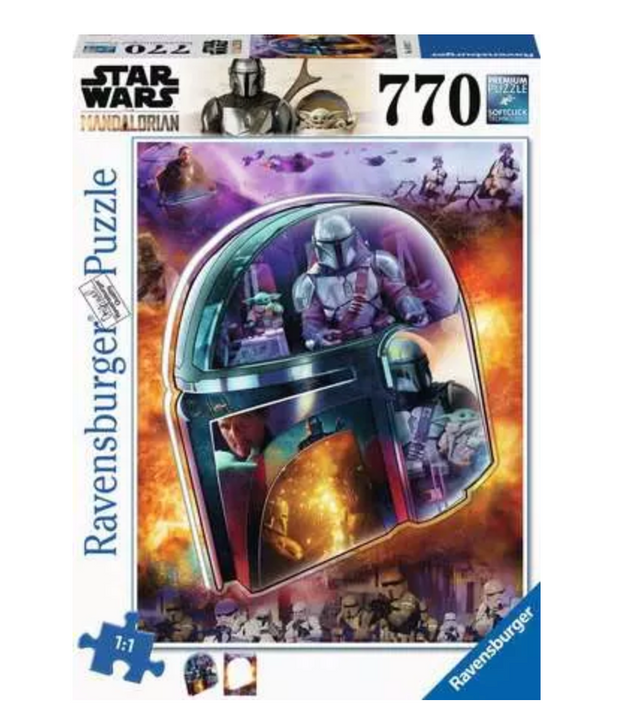 770pc Star Wars The Mandalorian Puzzle featuring Mando's helmet with scenes from the Disney+ series and Grogu.
