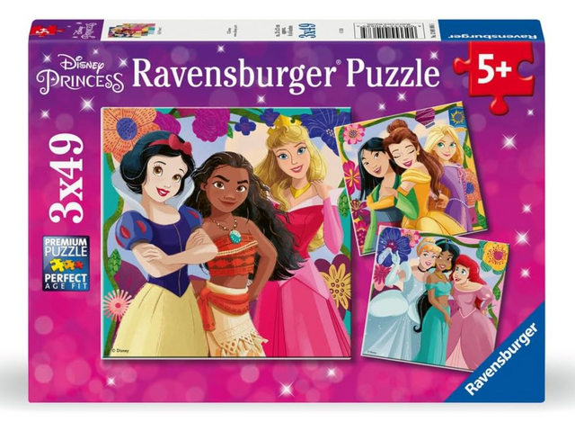 49pc Disney Princess Puzzles featuring Snow White, Moana, Aurora and friends, ideal for children aged 5 and up.