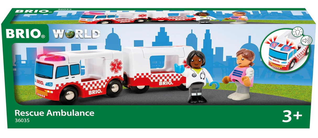 BRIO World Rescue Ambulance toy set with flashing lights, siren, ambulance, and two paramedic characters for imaginative play.