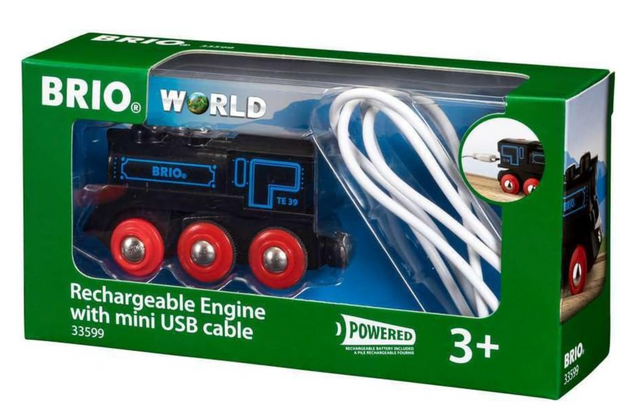 33599 Rechargeable Engine toy train in packaging with mini USB cable for charging, suitable for ages 3 and up.