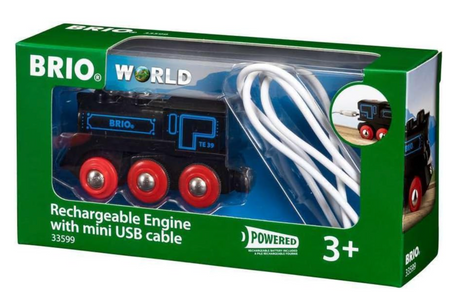 33599 Rechargeable Engine toy train in packaging with mini USB cable for charging, suitable for ages 3 and up.