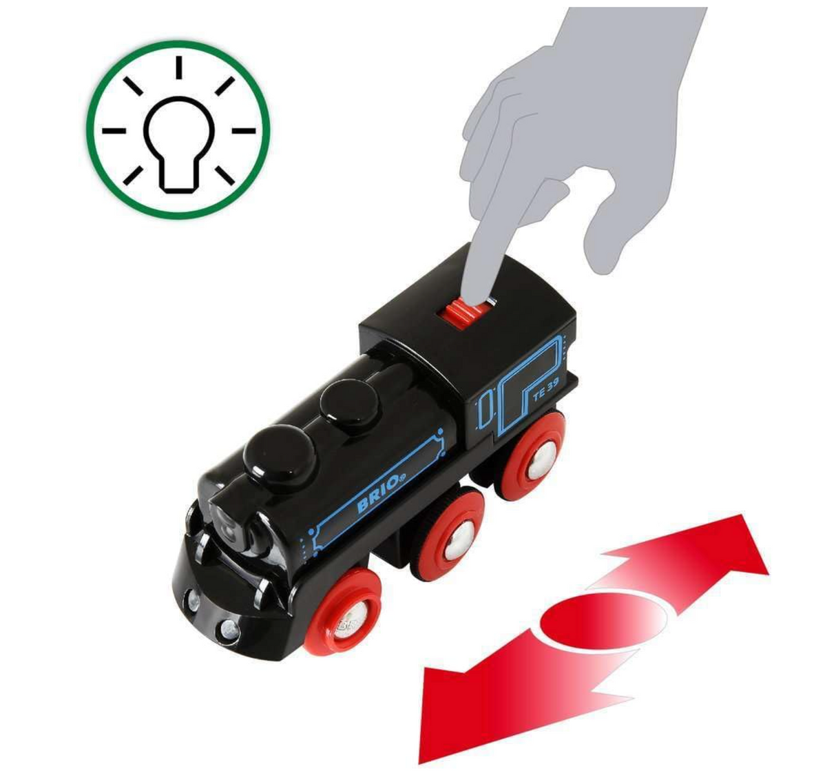 33599 Rechargeable Engine toy train with on/off switch, forward and backward motion, and light-up headlamp.