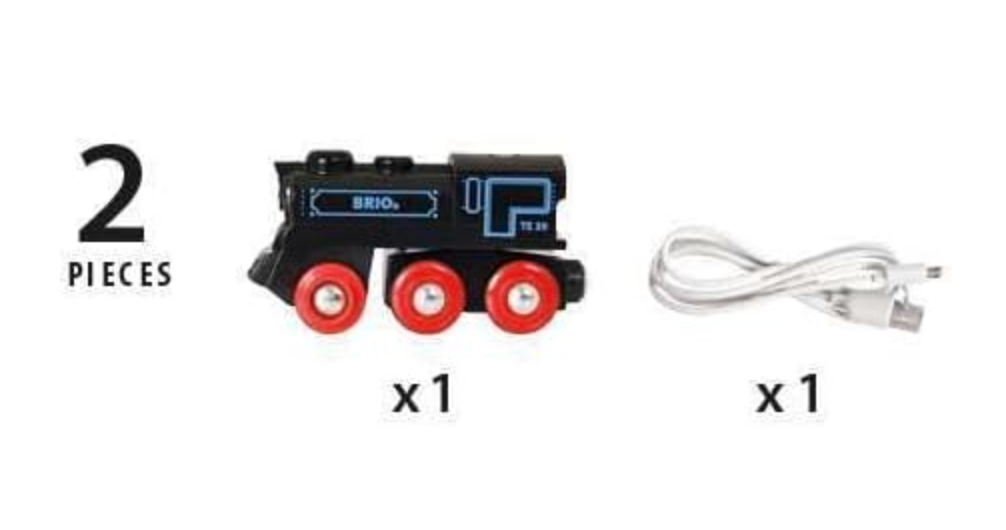 33599 Rechargeable Engine toy train with forward and backward motion and a mini USB charging cable.