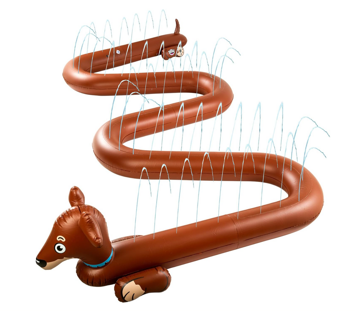 Sprinkler | Long Dog inflatable brown wiener dog with water jets spraying upward for outdoor summer fun.
