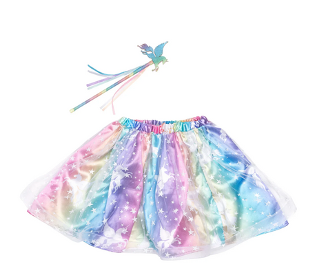Enchanted Unicorn Skirt & Wand Set with rainbow tulle skirt featuring unicorns and stars and matching magical wand.