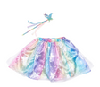 Enchanted Unicorn Skirt & Wand Set with rainbow tulle skirt featuring unicorns and stars and matching magical wand.