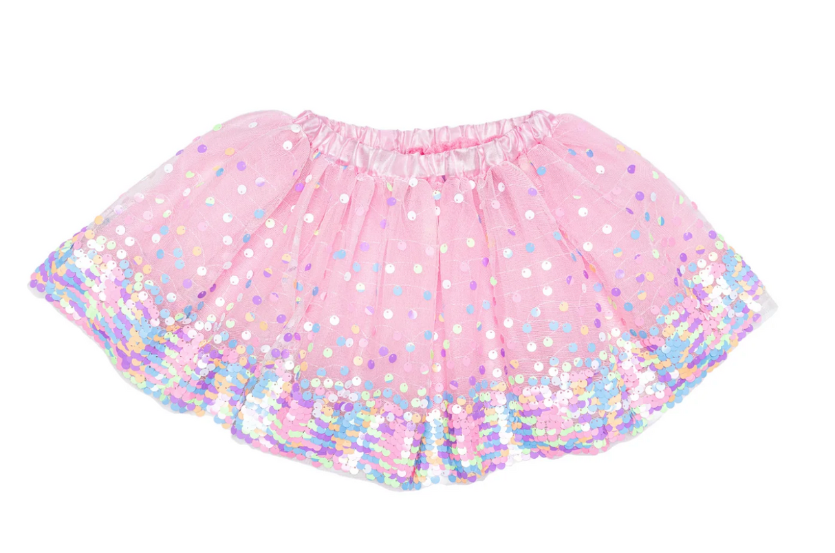 Sequins Skirt | Party Fun Pink Neon featuring pink and lavender sequins with a satin bow waist, perfect for parties and celebrations.