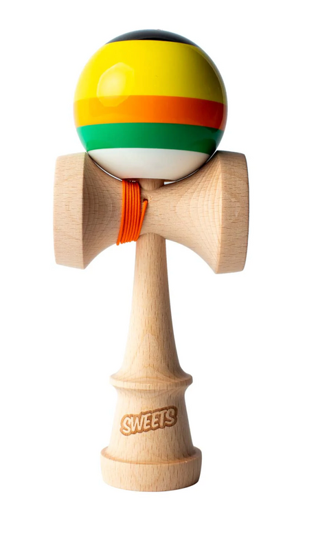 Kendama Prime 5 Stripe | Poncho with colorful striped tama, orange string, and natural wood BOOST ken design.