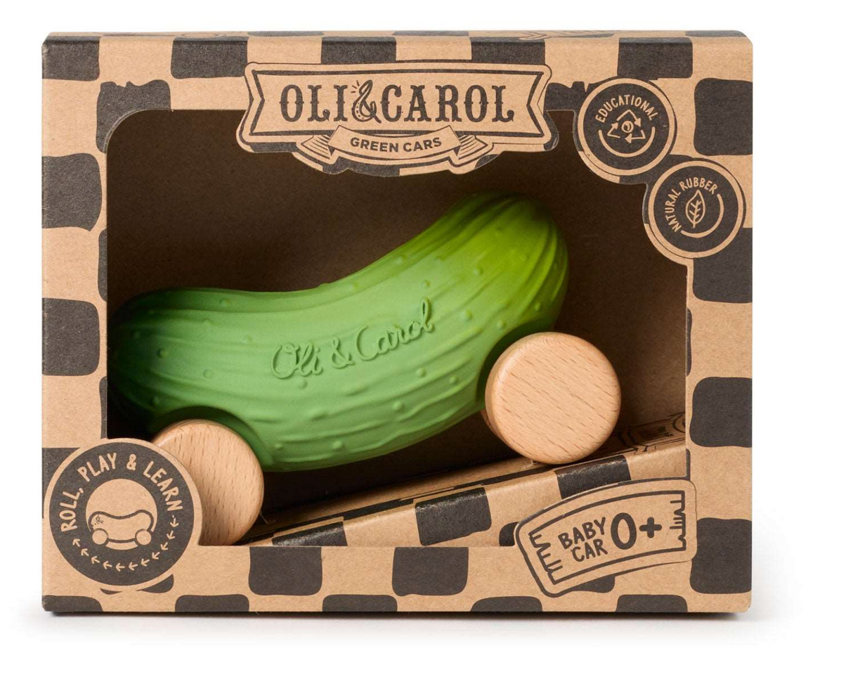 Car | Pepino the Cucumber eco-friendly baby car toy made from natural rubber and FSC wood in packaging.