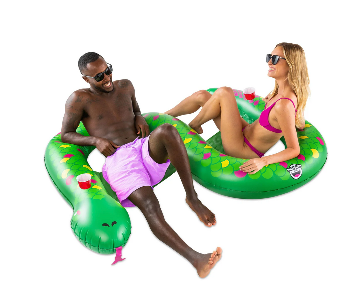 Pool Float | Double Snake with two people relaxing on mesh seats and built-in cup holders in a green snake design.