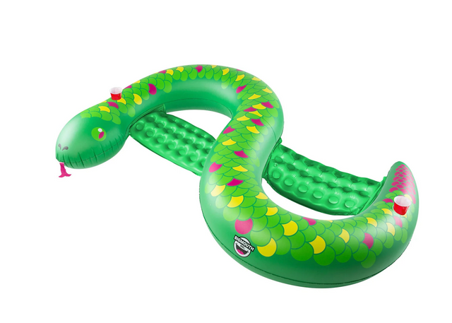Pool Float | Double Snake green inflatable snake-shaped float with two mesh seats and cup holders for relaxing in the pool.