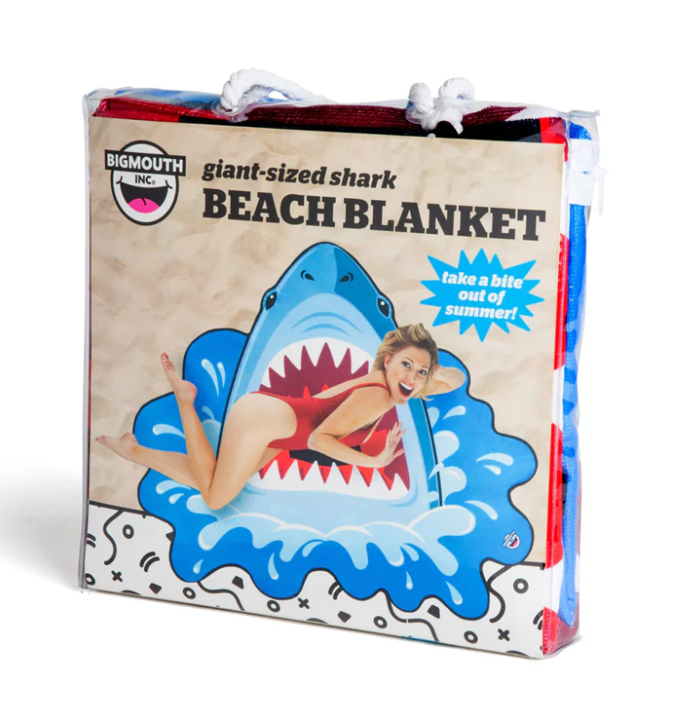 Beach Blanket | Giant Shark packaging showing a giant-sized shark design for fun beach use.