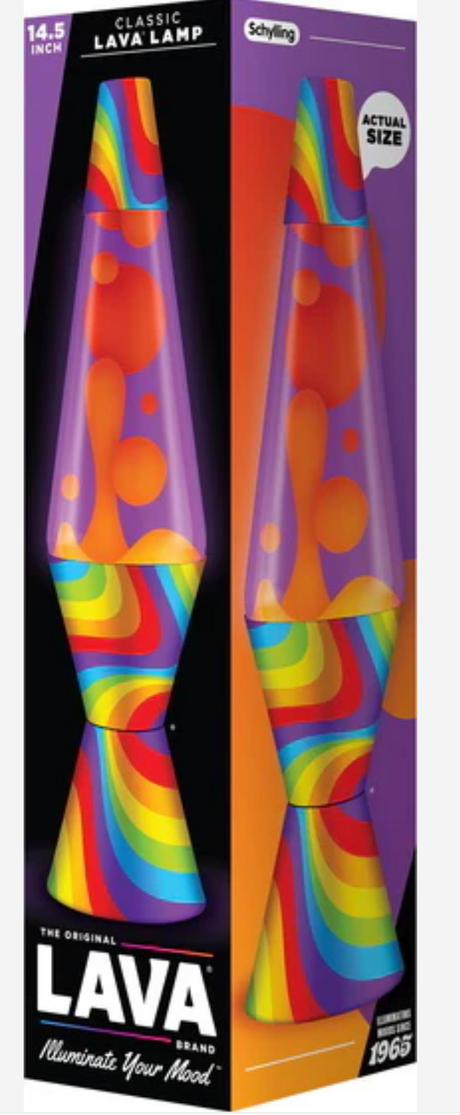 Lava Lamp | Flowing Color Bands with vibrant rainbow base and orange lava motion inside a classic 14.5-inch glass globe.