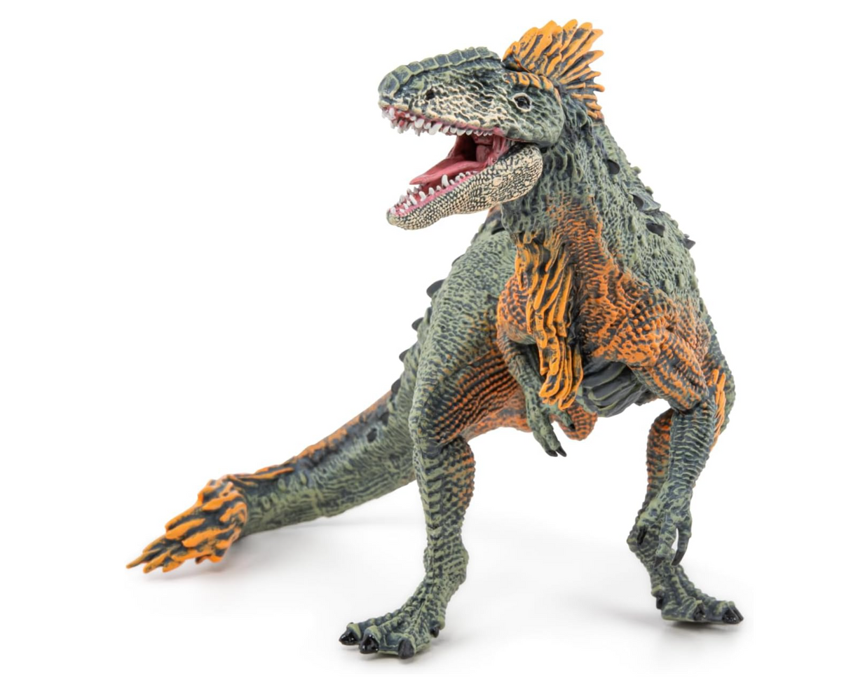 Papo Concavenator dinosaur figure 55096 with detailed orange and green scales, open mouth, posed on white background.