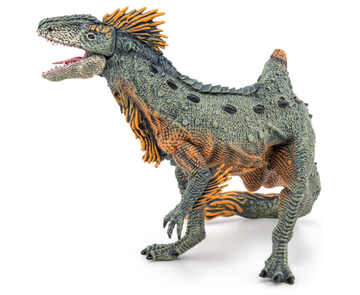 Papo Concavenator dinosaur figure in green and orange, detailed texture, open mouth with visible teeth, standing pose.