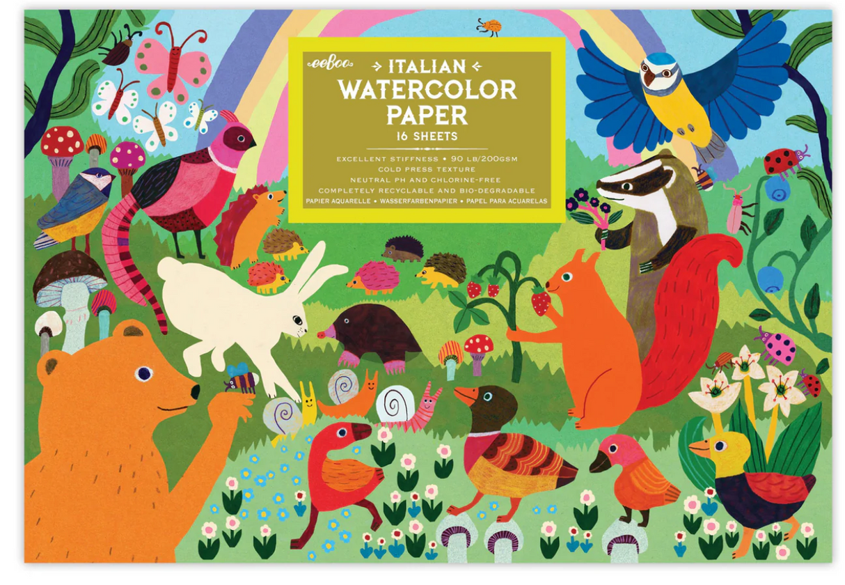 Watercolor Pad | Woodland Rainbow with colorful forest animals and vibrant nature scene on cover, 16 sheets Italian paper.