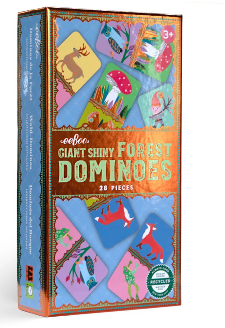 Giant Shiny Forest Dominoes box with colorful forest creature domino pieces and iridescent copper foil detail.