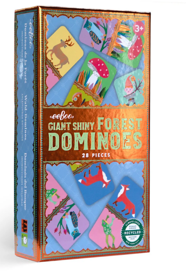 Giant Shiny Forest Dominoes box with colorful forest creature domino pieces and iridescent copper foil detail.