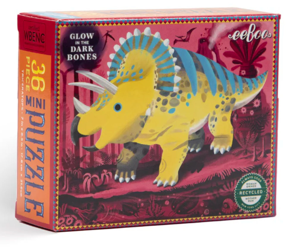 36pc Triceratops Mini Puzzle box featuring a colorful glow-in-the-dark dinosaur illustration on a red background.