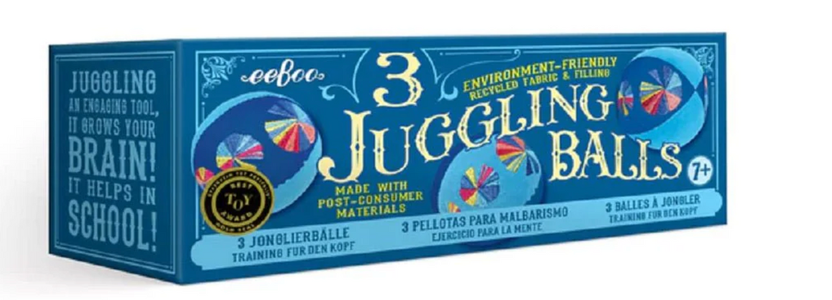 Juggling Balls set with three colorful balls made from recycled materials, designed for brain and body exercise.