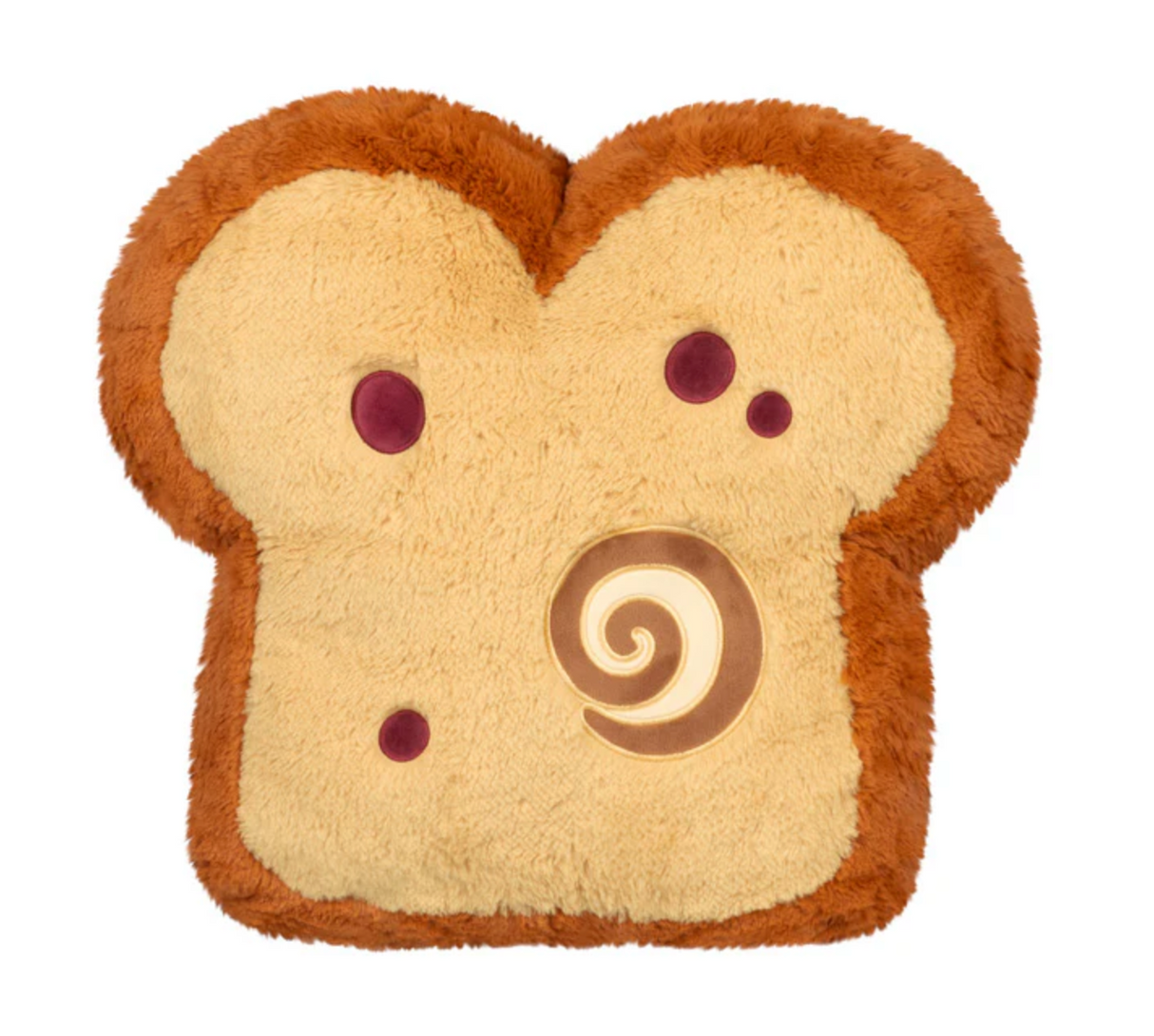 Plush cinnamon raisin toast pillow with soft brown edges and raisin details, perfect for cozy decor or gifts.