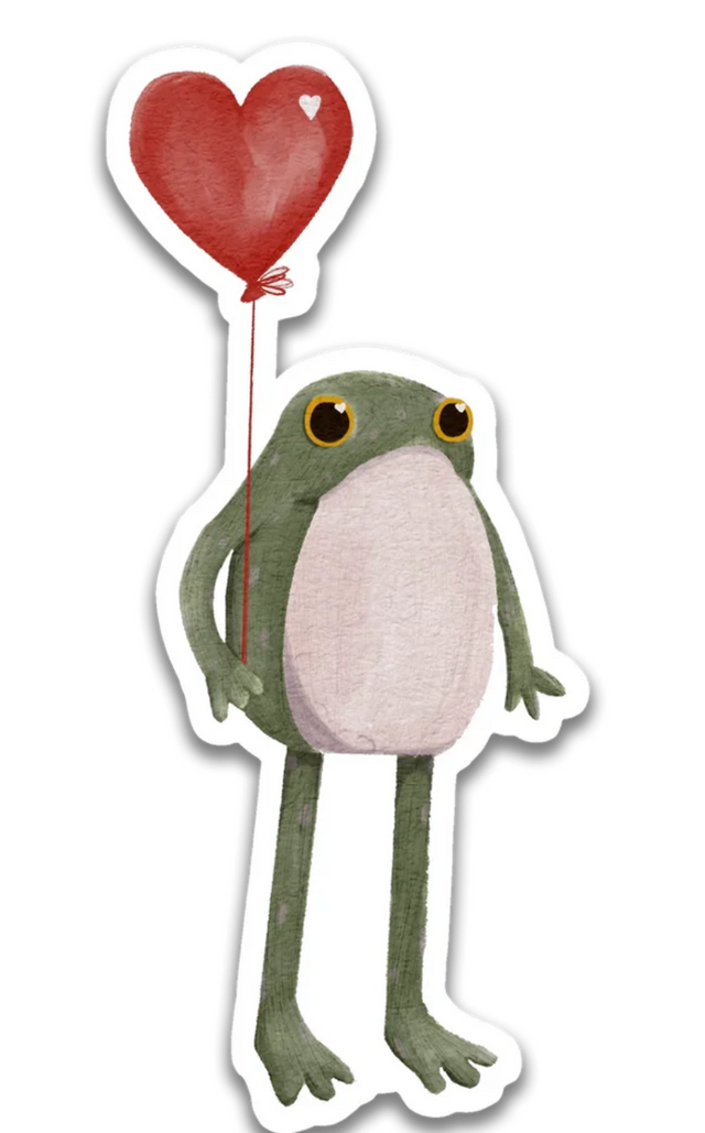 Frogson Hopeful Valentine Sticker shows a charming frog holding a red heart-shaped balloon.