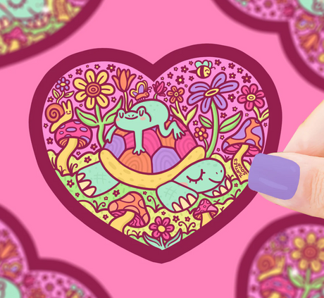 Sleepy Turtle and Frog Heart Sticker with colorful flowers and mushrooms, showing friendship across species.