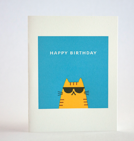 Cool Cat Birthday Card featuring a letterpress printed cat with sunglasses on natural white recycled paper.