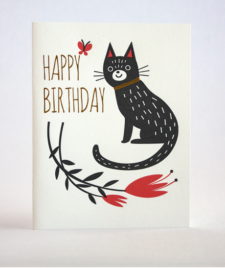 Happy Birthday Flower Cat Card with black cat, red flowers, and "Happy Birthday" text on natural white recycled paper.
