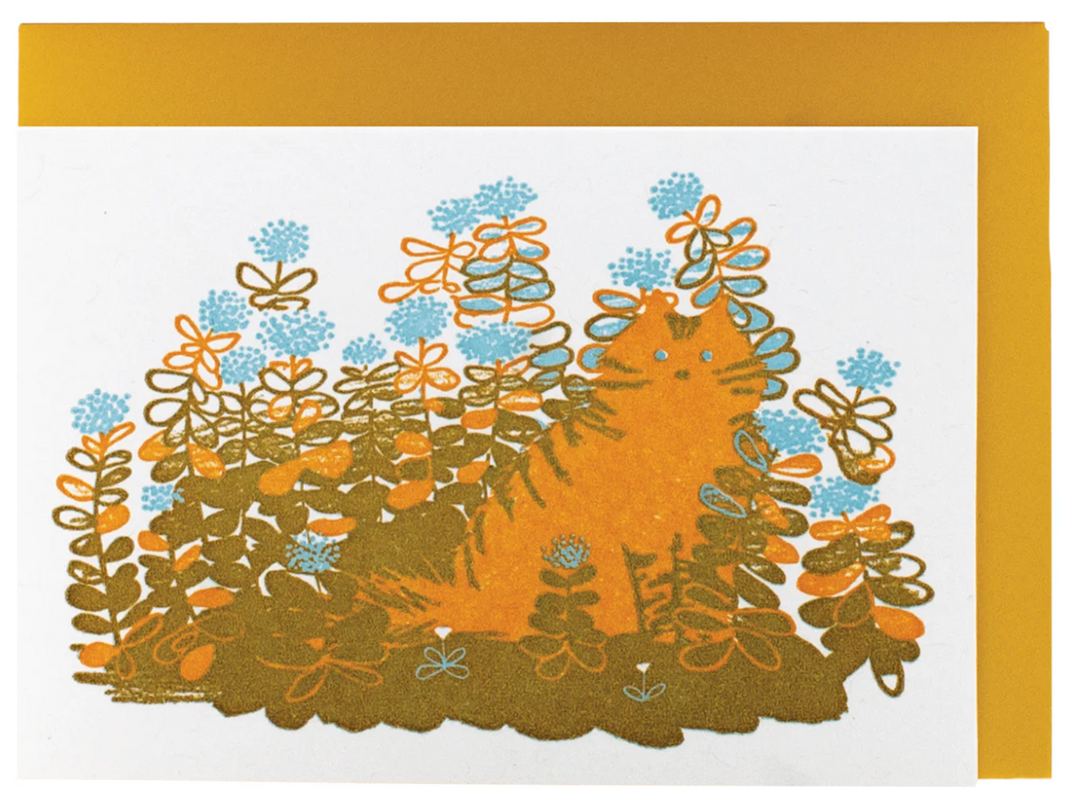 Mini Enclosure Card | Fluffy Cat featuring an orange cat surrounded by blue and orange floral designs on a small card.
