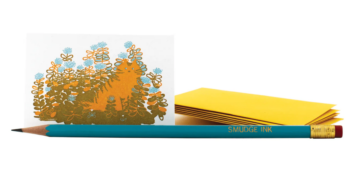 Mini Enclosure Card | Fluffy Cat with orange cat illustration and yellow envelopes beside a pencil for size comparison.