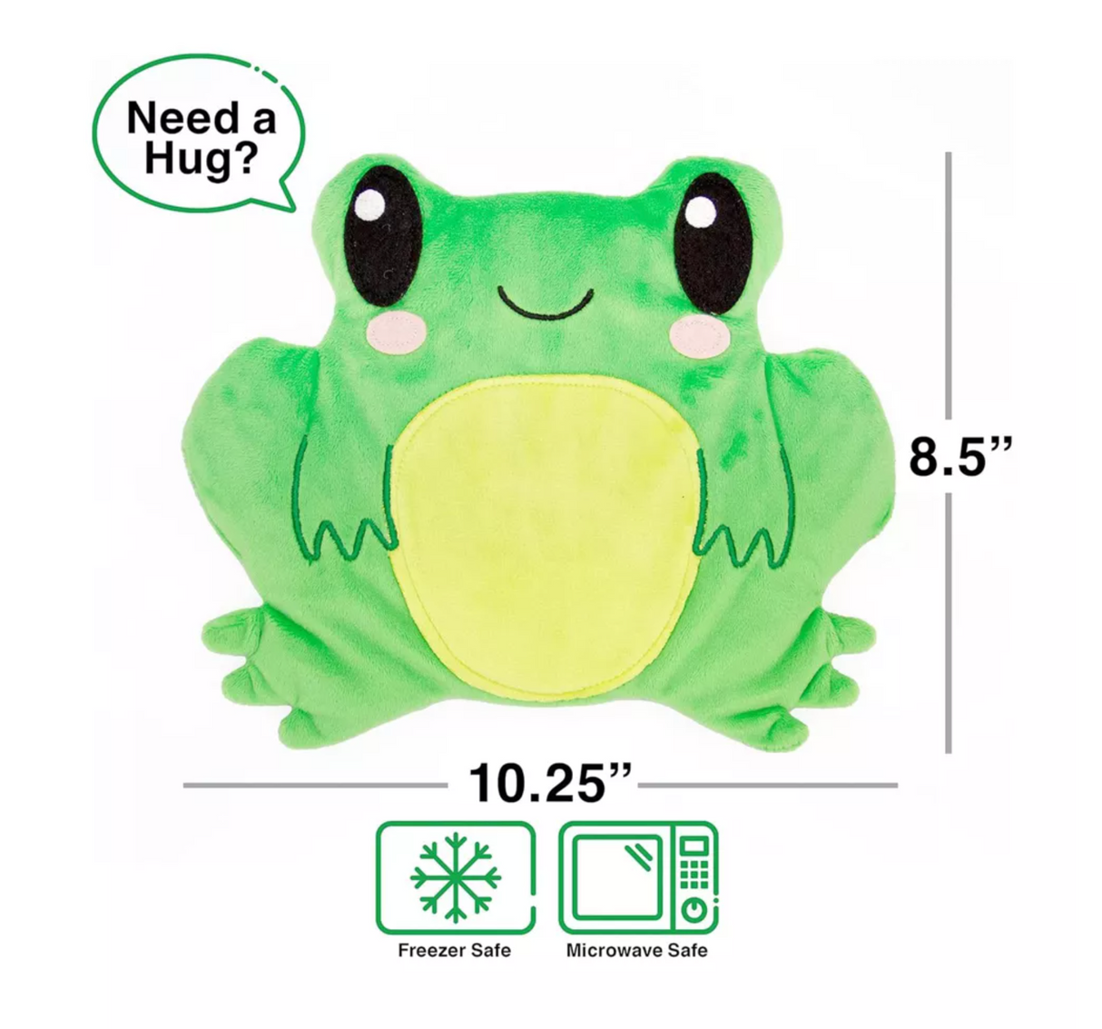 Huggable Heatable Frog plush heat pack measuring 10.25x8.5 inches, microwave and freezer safe for soothing comfort.