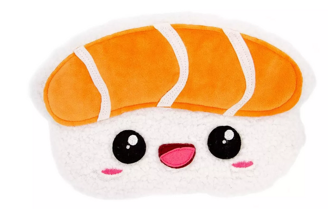 Huggable Heatable Sushi microwavable heat pack shaped like sushi with cute face and soft texture for soothing warmth.