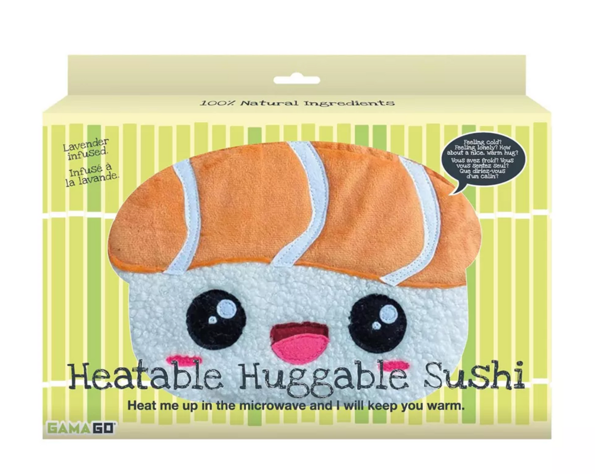 Huggable Heatable Sushi microwavable heat pack with lavender scent for soothing warmth and cozy comfort.